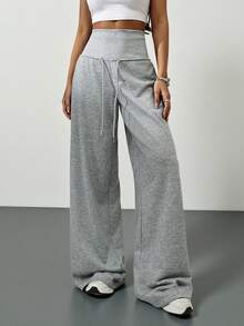 SHEIN Tall Quần nỉ dài màu xám, cạp chun, dáng rộng, thích hợp mặc đi học lại vào mùa đông, lễ tốt nghiệp, trang phục giáo viên cho nữ, quần áo mùa thu cho nữ đi học. - Xám - Xem 4