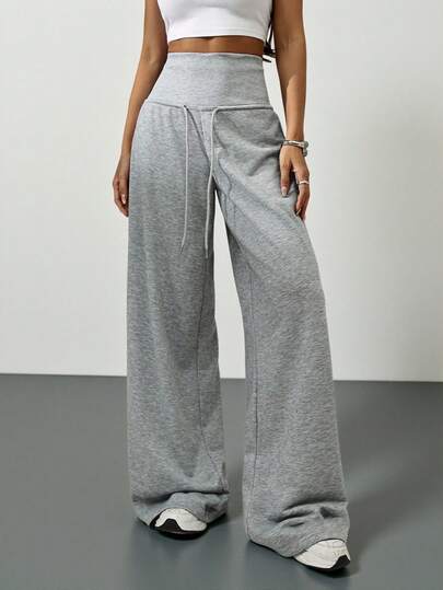 SHEIN Tall Grey Knit Fleece Drawstring Waist Loose Sweatpants, Winter Graduation,Back To School Outfits,Graduation,Teacher Outfits For Women,Back To School Fall Cloth For Women Wide Leg Sweatpants Grey Pants Loose Pants Comfy Pants