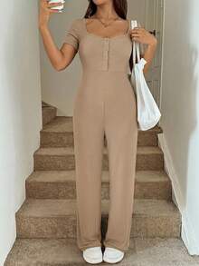 SHEIN Gravida kvinnors enfärgade lapptäcksjumpsuit med knäppning framtill och knytning i midjan - Kaki - Visa 4