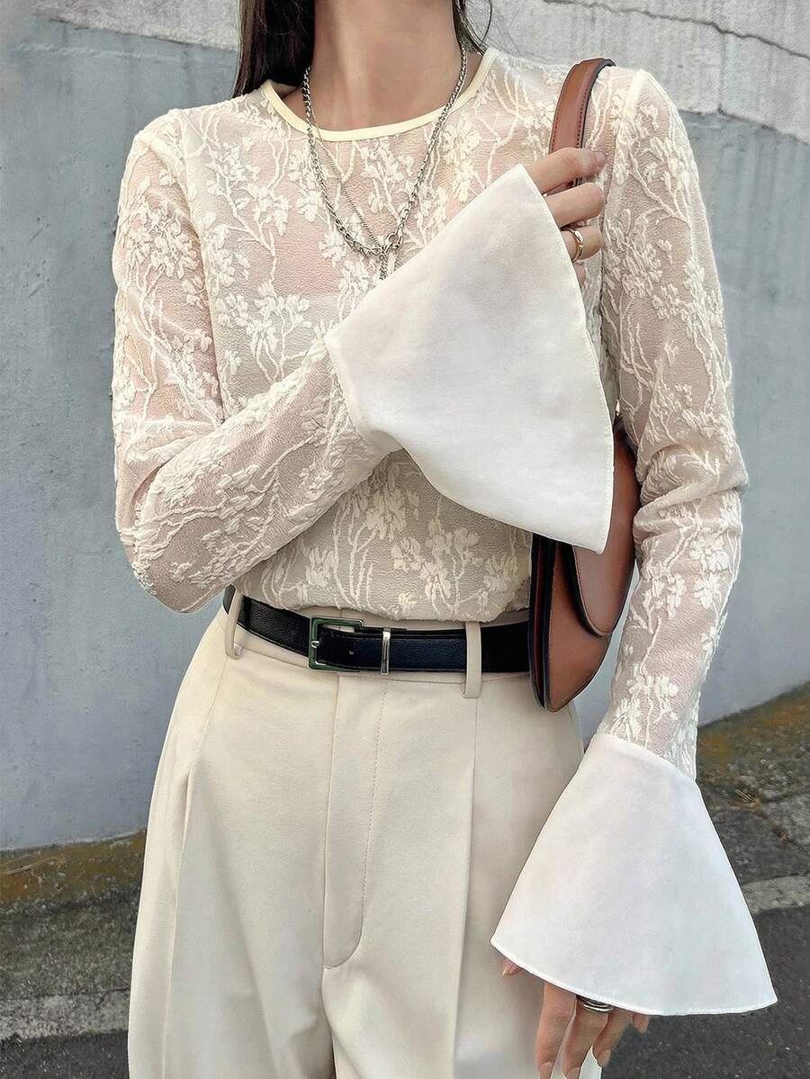 FRIFUL 女士圆领蕾丝面料修身喇叭袖纯色休闲T恤 夏季 - 杏色 - 查看 1