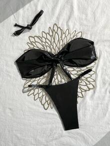 Swim SXY Women's New Solid Color Spaghetti Strap Round Ring Decor Halter Backless Bikini Set Top And Bikini Bottom Sexy Swimwear Set - Black - View 5
