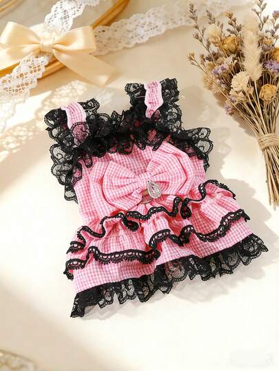 PETSIN 1. Váy hai dây ren cho thú cưng, quần áo đa năng cho mèo và chó, trang phục kiểu công chúa với nơ và họa tiết gạch trang trí cho mùa xuân và mùa hè.