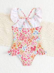 SHEIN 小女孩可爱多色碎花双层荷叶边连体泳衣，适合游泳、夏季、海滩度假 - 彩色 - 查看 2