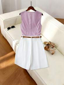 GlowEve 女士优雅通勤紫色条纹V领单排扣修身无袖上衣 + 女士优雅通勤白色人字纹双口袋设计短裤，春夏款 - 彩色 - 查看 2