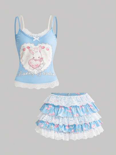 ROMWE Kawaii Women's Cute Rabbit Bow Print 2 In 1 Set