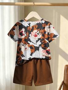 LOONEY TUNES X SHEIN Young Boy Cartoon Print Short Sleeve T-Shirt And Shorts Set, - Brown - View 3