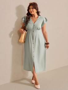 Elaquor 大码优雅V领叠层短袖度假连衣裙 - 綠色 - 查看 7