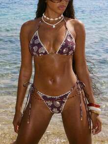 Lumalex Bộ bikini 2 mảnh in hình sinh vật biển, đính cườm trang trí ngực, viền hoa, kiểu buộc dây cổ. - Màu Đỏ Sâu - Xem 7