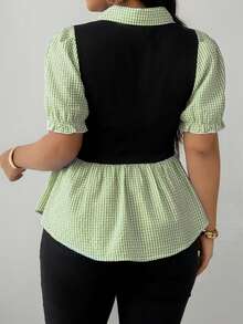 Maweii 大码女式翻领拼接格子二合一上衣 女士办公上衣 女士工作上衣 休闲优雅女式衬衫 泡泡袖衬衫 工作衬衫 - 綠色 - 查看 2
