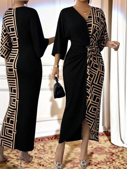 SHEIN Lady Đầm ôm dáng thanh lịch cổ chữ V in họa tiết hình học cỡ lớn