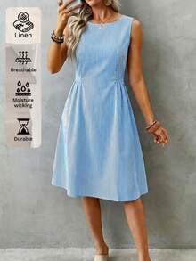 EMERY ROSE Women's Fashionable Elegant Sleeveless Waist Cinched Dress - Striped Dress - Commuting Style, Spring/Summer - Blue and White - View 1