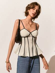 Poéselle Áo hai dây nữ mùa hè kiểu dáng thường ngày, phối màu tương phản. - Màu be - Xem 7