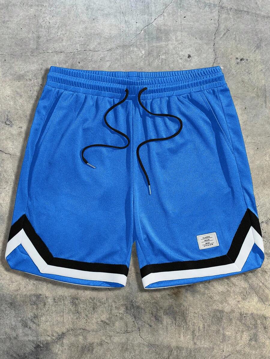 AXEPEAK Men Letter Patched Detail Contrast Trim Drawstring Waist Shorts - Royal Blue - View 1