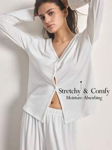 Ocili 简约舒适无领柔软女士睡衣套装 - 白色 - 查看 2