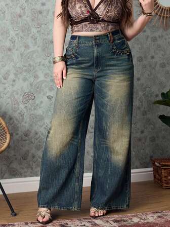 Grunge Punk Jeans vintage à jambe large avec design de rivets délavés pour grandes tailles
