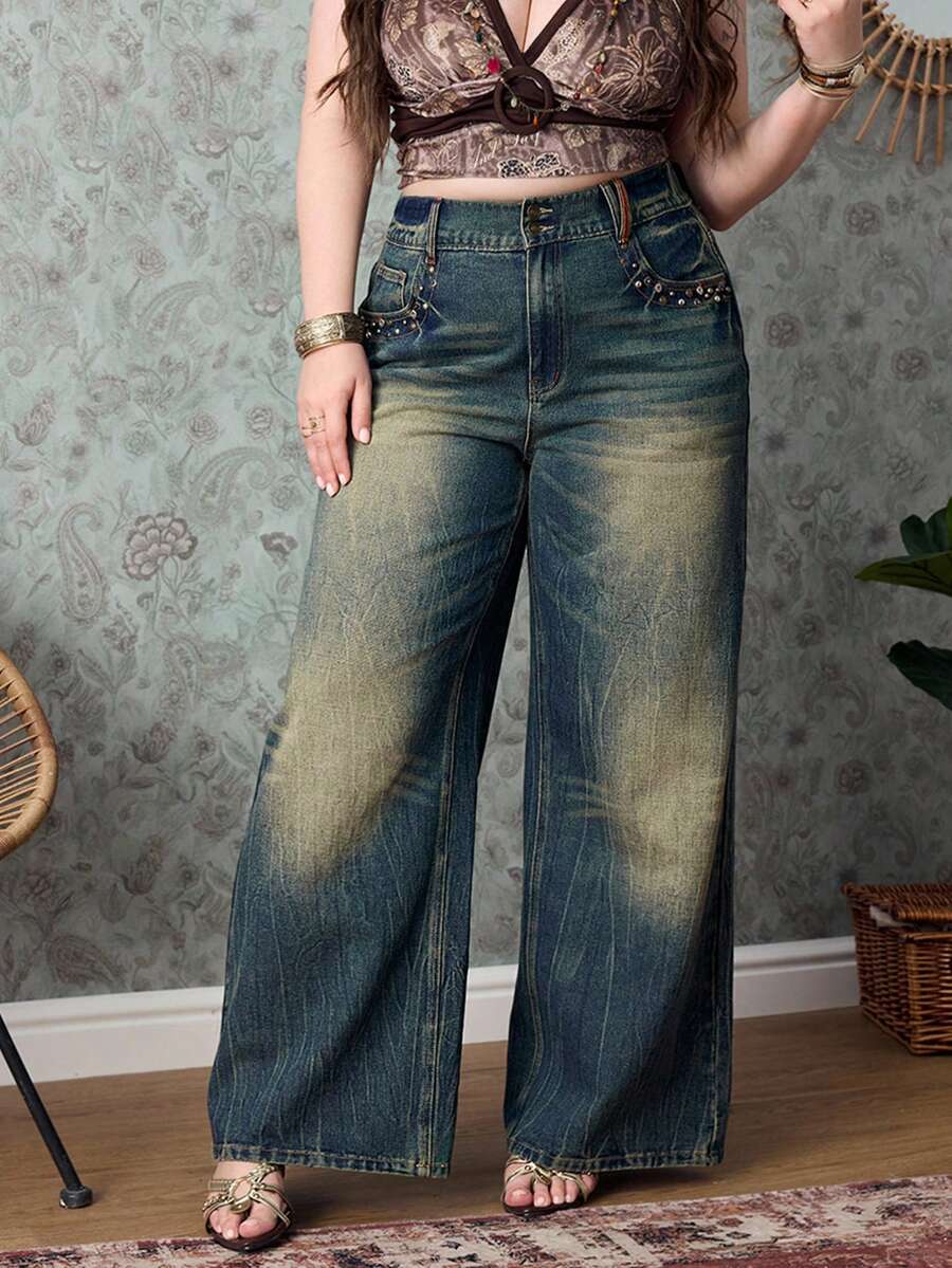 ROMWE Grunge Punk Jeans de pierna ancha con diseño de remaches vintage desgastados para mujer de talla grande - Azul - Ver 1