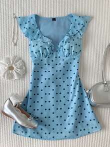 Comfortcana 女士波点印花荷叶边短裙 - 藍色 - 查看 3