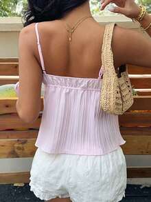 Sunnyshic Women's Pink Textured Fabric Camisole, Sweet & Sexy, Slim Fit, White Lace Trim, Casual, Suitable For Beach Vacation, Spaghetti Strap Tank Top, Ladies Blouse - White - View 2