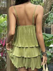SHEIN SunnyBelle Đầm hai dây ngắn xếp ly màu xanh lá cây kiểu dáng nghỉ mát dành cho nữ, thiết kế thanh lịch cho mùa xuân/hè. - màu xanh lá - Xem 2