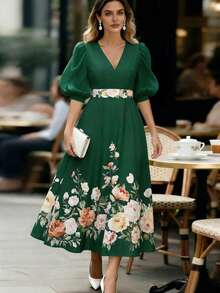Balvessa 女士V领短袖花瓣袖优雅印花连衣裙 - 綠色 - 查看 6