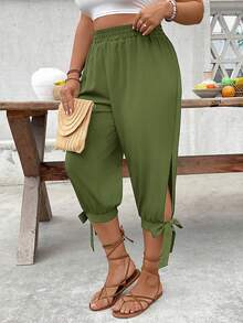 SHEIN CURVE+ Pantalones Capri de Talla Grande con Cintura Alta y Cordón, Primavera/Verano - Verde - Ver 7