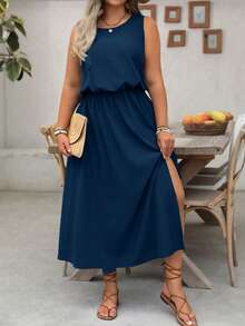 EMERY ROSE Plus Size LUNE Sleeveless Solid Color Casual Office Dress, Waisted Fit, Slit Hem, Suitable For Women - Blue - View 4