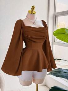 Sweetra Áo kiểu nữ cỡ lớn thanh lịch, lãng mạn, thường ngày, cổ Pháp, tay loe, chất liệu chiffon, eo chun, dáng xòe, thích hợp mặc mùa xuân/thu, trang phục thanh lịch, sang trọng, áo dài tay nữ, áo peplum tay dài. - màu nâu - Xem 2