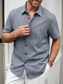 Manfinity Homme Manfinity CasualCool 男士亚麻条纹短袖衬衫，适合夏季日常通勤 - 灰色 - 查看 7