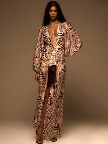 MUSERA Swirl Printed Chiffon Plunge Neckline Fringed Drape Long Sleeve Maxi Dress,Beige,Autumn,Seductive,Night Out Elegant Vacation Ibiza Club Wedding Guest - Multicolor - View 5