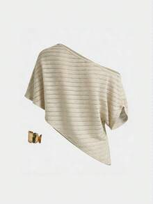 Pariaura Women's New Sexy Asymmetric Shoulder Elegant Casual Chic Versatile Feminine Slimming High-End Asymmetric Batwing Sleeve Loose Relaxed Knit Top, Spring/Summer - Khaki - View 2