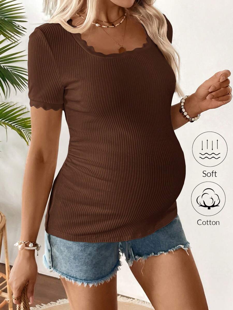 SHEIN Maternity Summer Casual Solid Color Shell Trim Short Sleeve Top - Coffee Brown - View 1