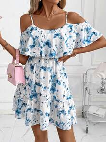 Clasi Vestido minielegante de mujer con estampado floral y hombros al descubierto, vestido casual cómodo para vacaciones y playa - Azul - Ver 6