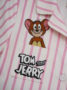 TOM & JERRY X SHEIN 女童夏季休闲条纹卡通印花短袖衬衫和裤子睡衣套装 - 淺粉色 - 查看 4