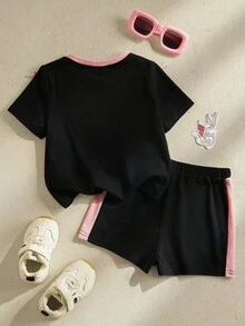 LOONEY TUNES X SHEIN Baby Girl Cartoon Print Round Neck Short Sleeve T-Shirt And Shorts Casual Outfit - Black - View 3