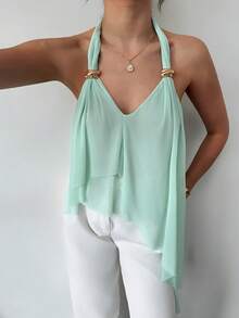 RiviMae Sexy Women's Semi-Sheer Spandex Knit Top, Gold Metal Ring, Asymmetric Ruffle Hem, Fashionable Sexy Vacation Blouse - Green - View 1