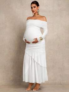 MaterniChic Maternity Solid Color Casual Off-Shoulder Dress - White - View 6