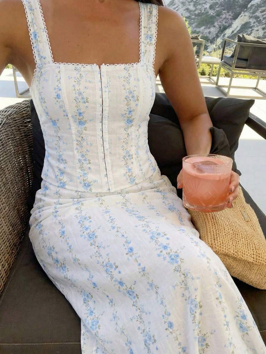 KARISMINA 女士优雅休闲浪漫印花两件套，前襟纽扣设计，腰部收紧，适合春夏穿着。 - 淺藍色 - 查看 1