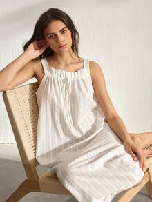 Ocili Đầm nữ kẻ sọc trang trí nơ, kiểu dáng thường ngày, thích hợp mặc ở nhà. - trắng - Xem 2