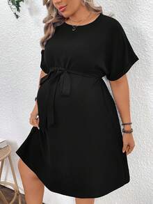 Plussiva Plus Size Maternity Solid Color Minimalist Casual Short Sleeve Dress - Black - View 7