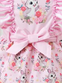 SHEIN Young Girl' Fashionable Sweet Spaghetti Strap Ruffle Hem Rabbit Patchwork Striped Cinched Waist Waist Summer Dress - Pink - View 7