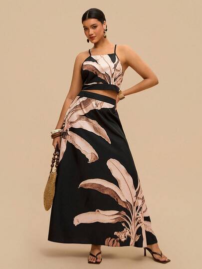 Travachic 大码女式树叶印花吊带上衣和开衩裙两件套