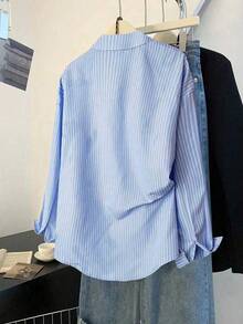 EMERY ROSE Plus Size Women's Regular Linen Striped Shirt - Multicolor - View 2