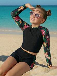 SHEIN 少女插肩袖热带植物印花上衣和短裤泳衣套装 - 黑色 - 查看 2