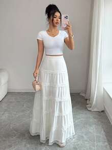 GlowEve 女士复古蕾丝拼接低腰喇叭裙，百搭宽松款，春夏款 - 白色 - 查看 7