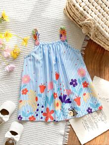 SHEIN Vintaside Kids 女婴彩色花卉丝带拼接条纹A字连衣裙，适合日常休闲和节日场合 - 彩色 - 查看 2