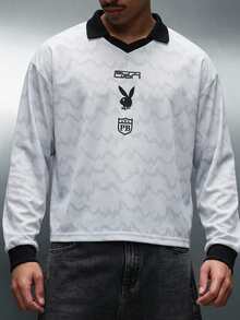 PLAYBOY X SUMWON Camiseta deportiva de manga larga con cuello en V de malla, estilo retro, con cuello y ribetes laterales en contraste negro - Gris - Ver 5