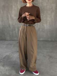 FRIFUL 纯色拼接透视波点网纱宽松休闲百搭T恤 夏季 - 棕色 - 查看 2