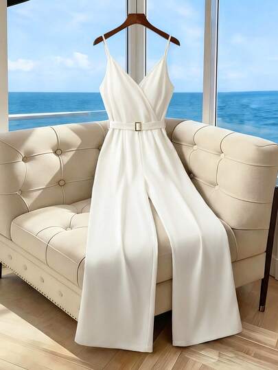 GlowEve 女士夏季纯色V领无袖阔腿连体裤，优雅垂褶腰身连身裤