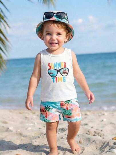 SHEIN Baby Boy 3-Piece Summer Set: White Fashionable Letter Print Tank Top, Palm Tree Print Beach Shorts, Matching Hat, Suitable For Beach Vacation, Casual Daily Wear, And Outdoor Activities