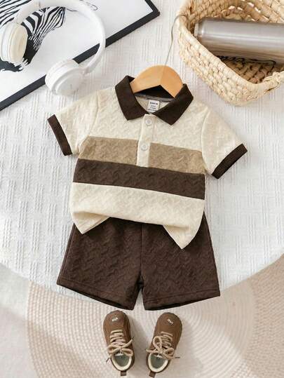 SHEIN Playful Pals 2pcs Baby Boy Knitted Polo Collar Half-Placket Short Sleeve T-Shirt And Shorts Set, With Contrast Color Ribbed Cuffs, Minimalist Elegant Style, Casual Gentleman Look, Suitable For 6M-3T